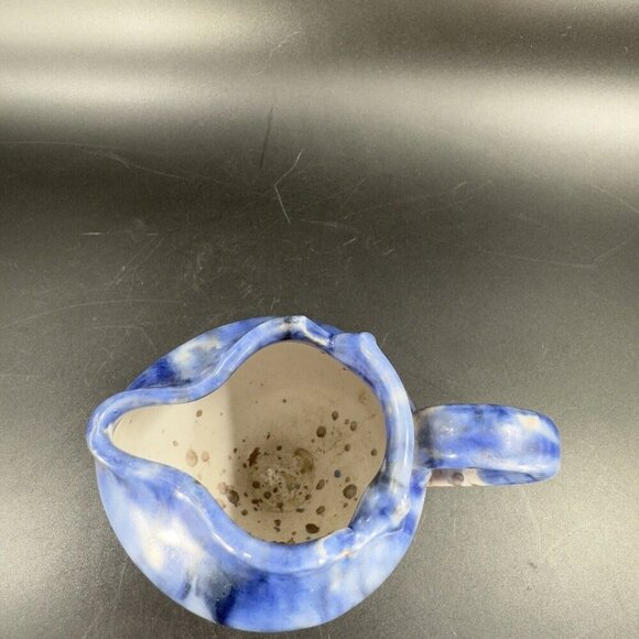 Italian Art Pottery Small Pitcher Creamer Drip Glaze Folded Edges Specked Inside - Picture 7 of 16